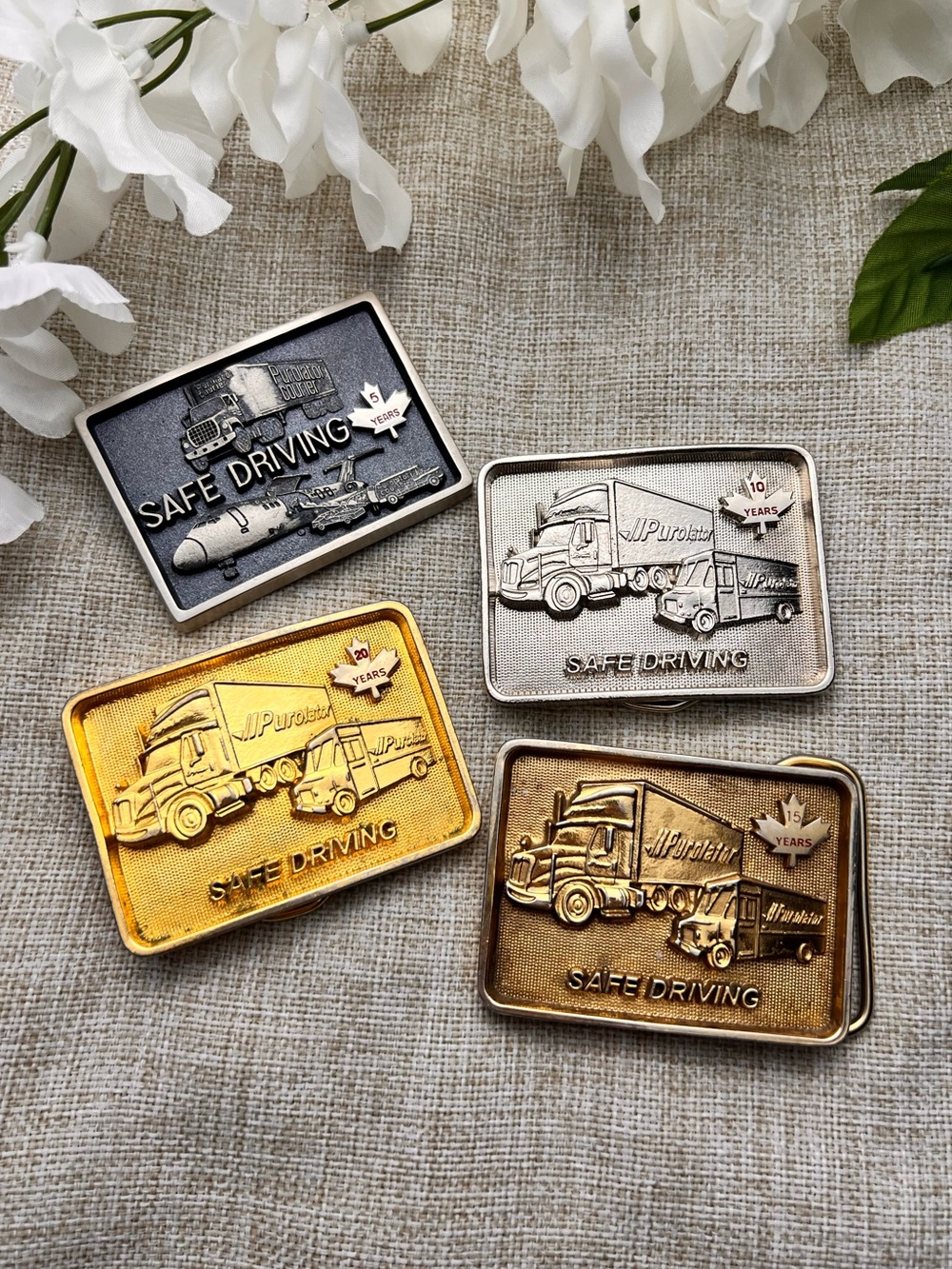 PUROLATOR Gold and Silver Shipping Truck Anniversary Belt Buckle Set